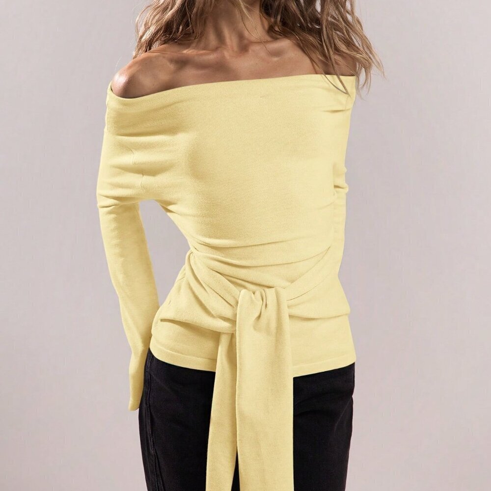 Yellow Casual Women's Elegant Off-Shoulder Long Sleeve Twist Front Sweater